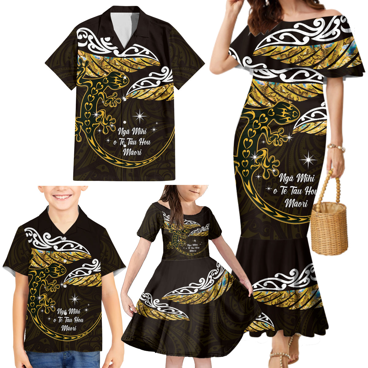 New Zealand Matariki Family Matching Mermaid Dress and Hawaiian Shirt Maori New Year Silver Fern And Lizard - Gold LT14 - Polynesian Pride
