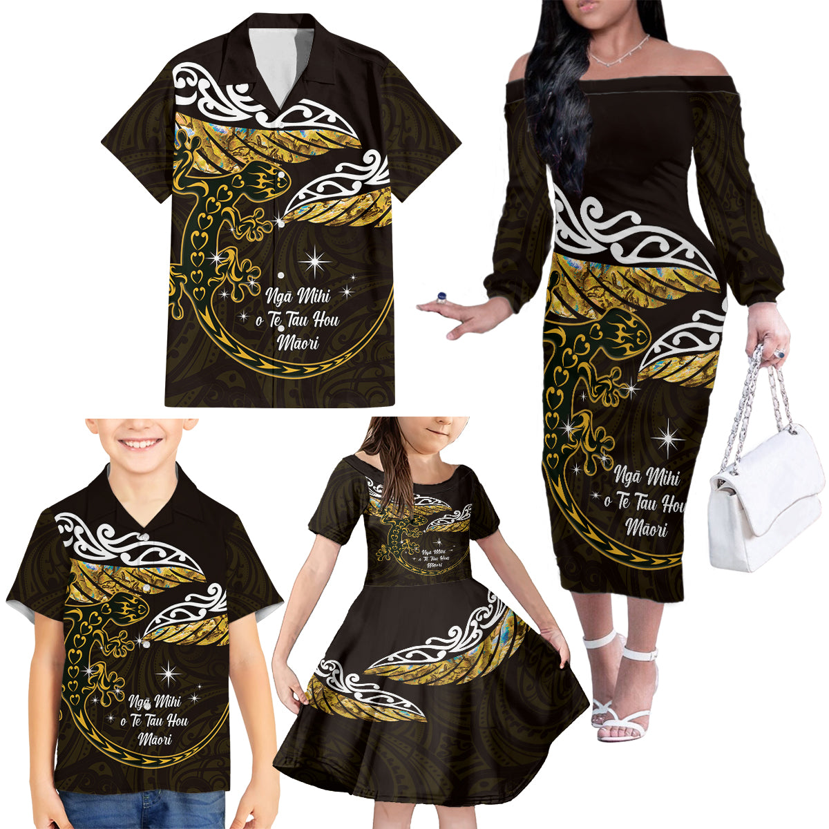 New Zealand Matariki Family Matching Off The Shoulder Long Sleeve Dress and Hawaiian Shirt Maori New Year Silver Fern And Lizard - Gold LT14 - Polynesian Pride