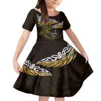New Zealand Matariki Family Matching Off Shoulder Maxi Dress and Hawaiian Shirt Maori New Year Silver Fern And Lizard - Gold LT14 Daughter's Dress Gold - Polynesian Pride