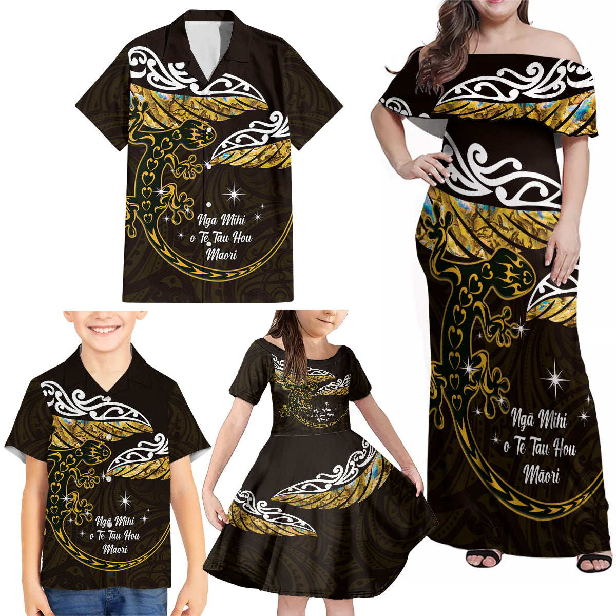 New Zealand Matariki Family Matching Off Shoulder Maxi Dress and Hawaiian Shirt Maori New Year Silver Fern And Lizard - Gold LT14 - Polynesian Pride
