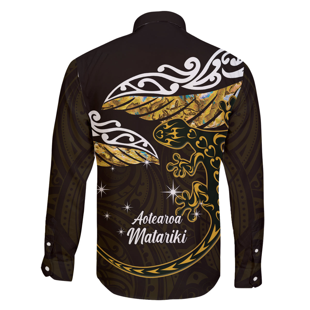New Zealand Matariki Family Matching Off Shoulder Maxi Dress and Hawaiian Shirt Maori New Year Silver Fern And Lizard - Gold LT14 - Polynesian Pride