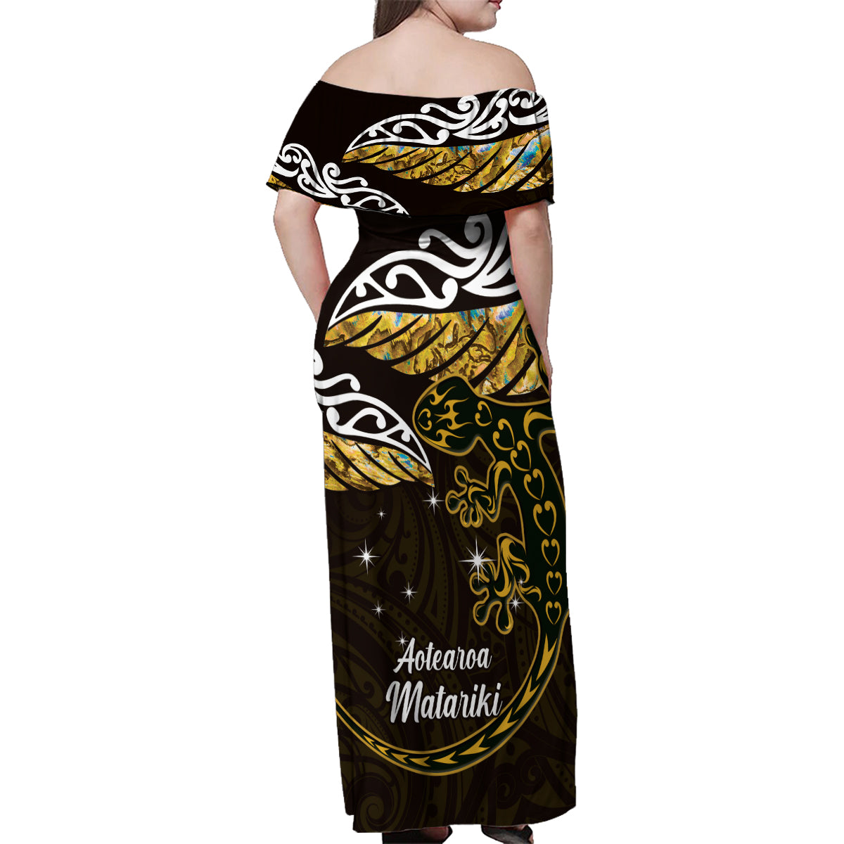 New Zealand Matariki Family Matching Off Shoulder Maxi Dress and Hawaiian Shirt Maori New Year Silver Fern And Lizard - Gold LT14 - Polynesian Pride