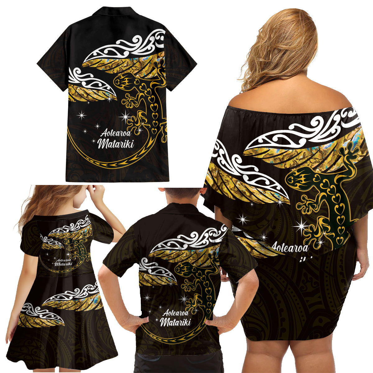 New Zealand Matariki Family Matching Off Shoulder Short Dress and Hawaiian Shirt Maori New Year Silver Fern And Lizard - Gold LT14 - Polynesian Pride