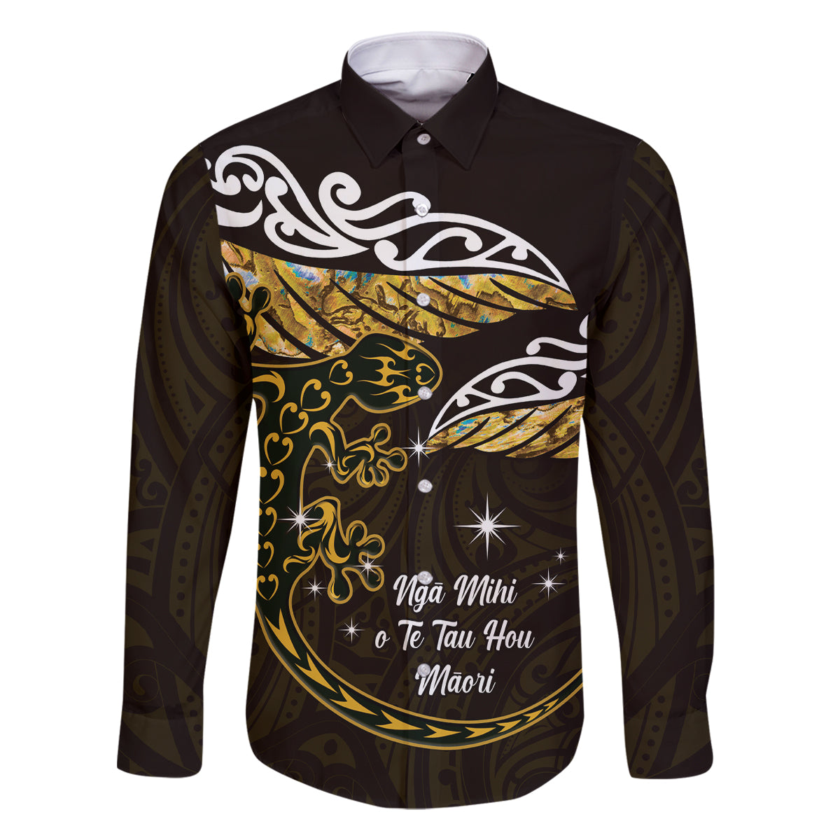 New Zealand Matariki Family Matching Off Shoulder Short Dress and Hawaiian Shirt Maori New Year Silver Fern And Lizard - Gold LT14 Dad's Shirt - Long Sleeve Gold - Polynesian Pride