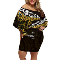 New Zealand Matariki Family Matching Off Shoulder Short Dress and Hawaiian Shirt Maori New Year Silver Fern And Lizard - Gold LT14 Mom's Dress Gold - Polynesian Pride