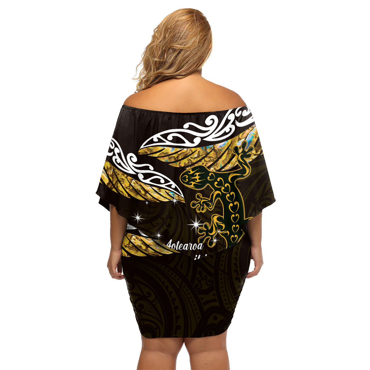 New Zealand Matariki Family Matching Off Shoulder Short Dress and Hawaiian Shirt Maori New Year Silver Fern And Lizard - Gold LT14 - Polynesian Pride