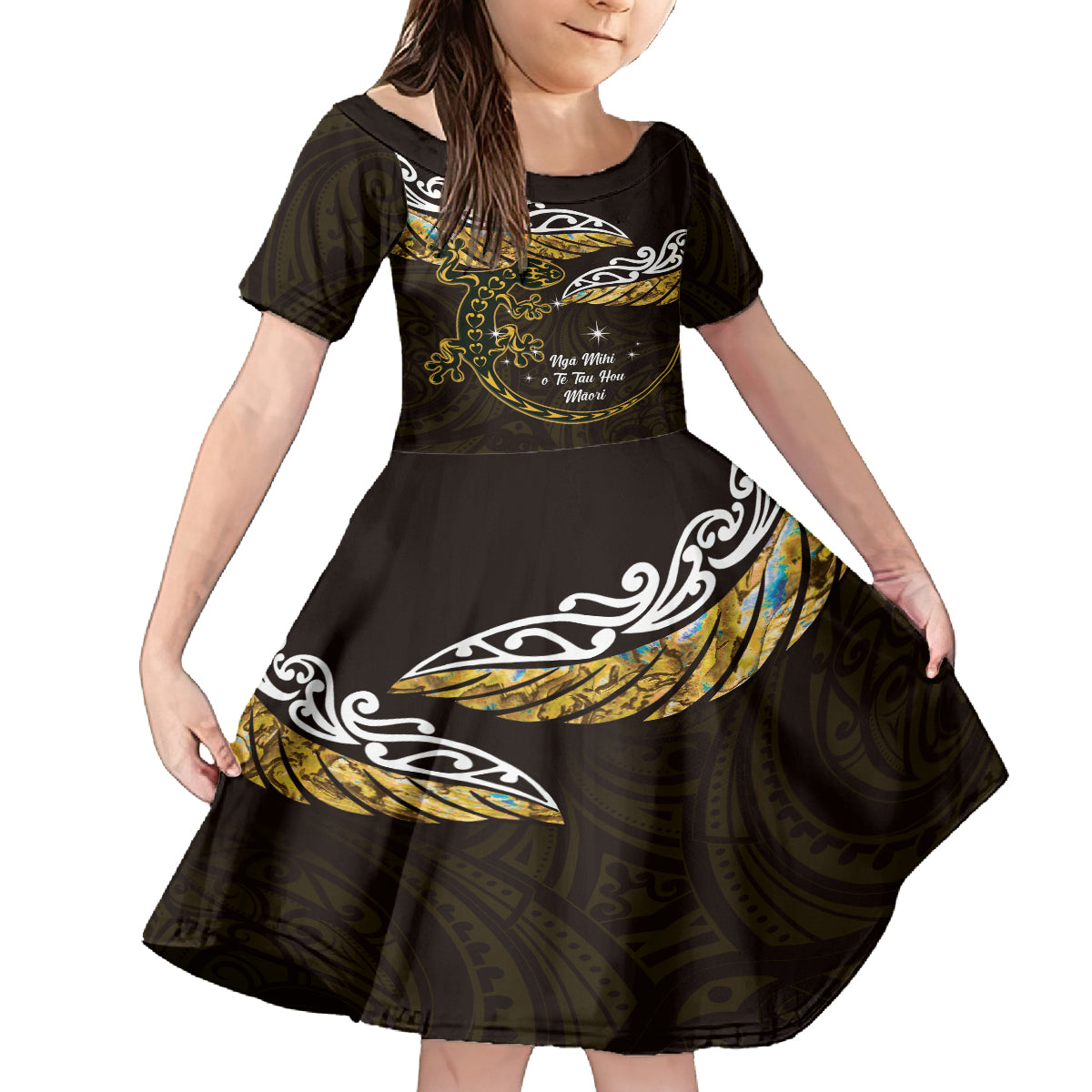 New Zealand Matariki Family Matching Puletasi and Hawaiian Shirt Maori New Year Silver Fern And Lizard - Gold LT14 Daughter's Dress Gold - Polynesian Pride