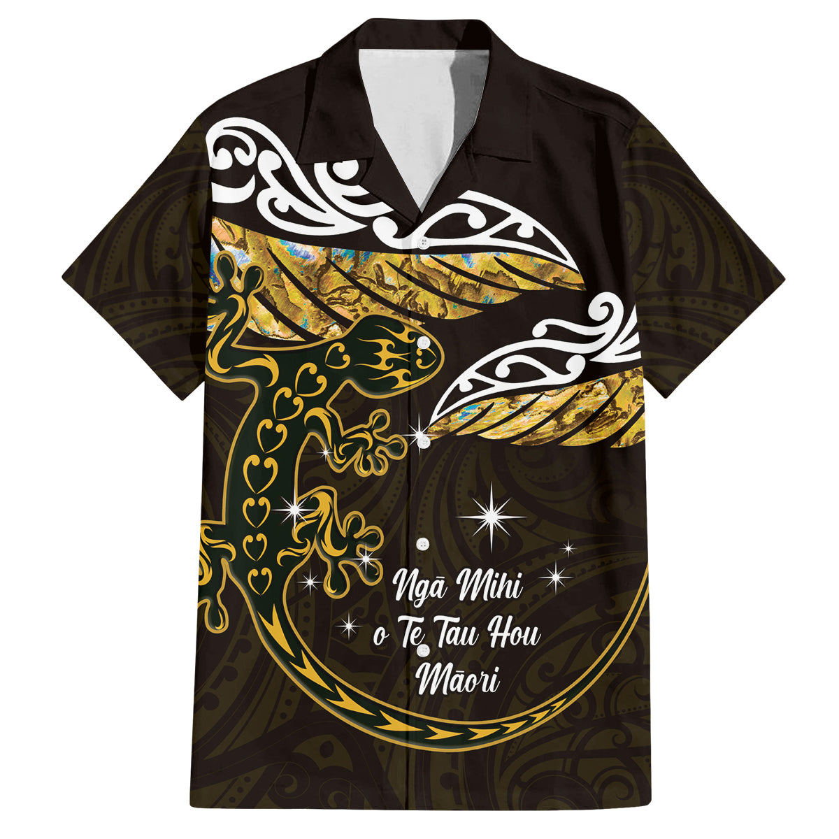 New Zealand Matariki Family Matching Puletasi and Hawaiian Shirt Maori New Year Silver Fern And Lizard - Gold LT14 Dad's Shirt - Short Sleeve Gold - Polynesian Pride
