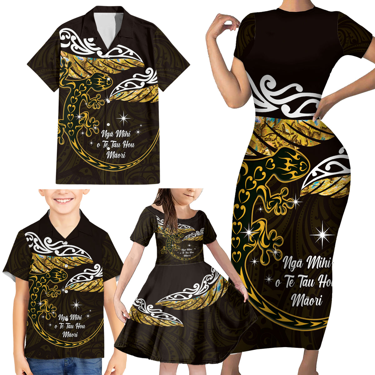 New Zealand Matariki Family Matching Short Sleeve Bodycon Dress and Hawaiian Shirt Maori New Year Silver Fern And Lizard - Gold LT14 - Polynesian Pride