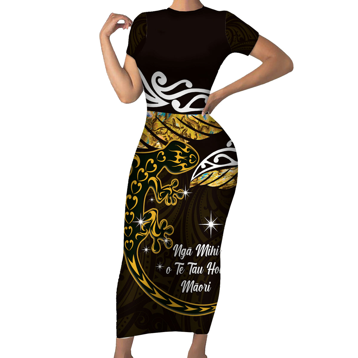 New Zealand Matariki Family Matching Short Sleeve Bodycon Dress and Hawaiian Shirt Maori New Year Silver Fern And Lizard - Gold LT14 Mom's Dress Gold - Polynesian Pride