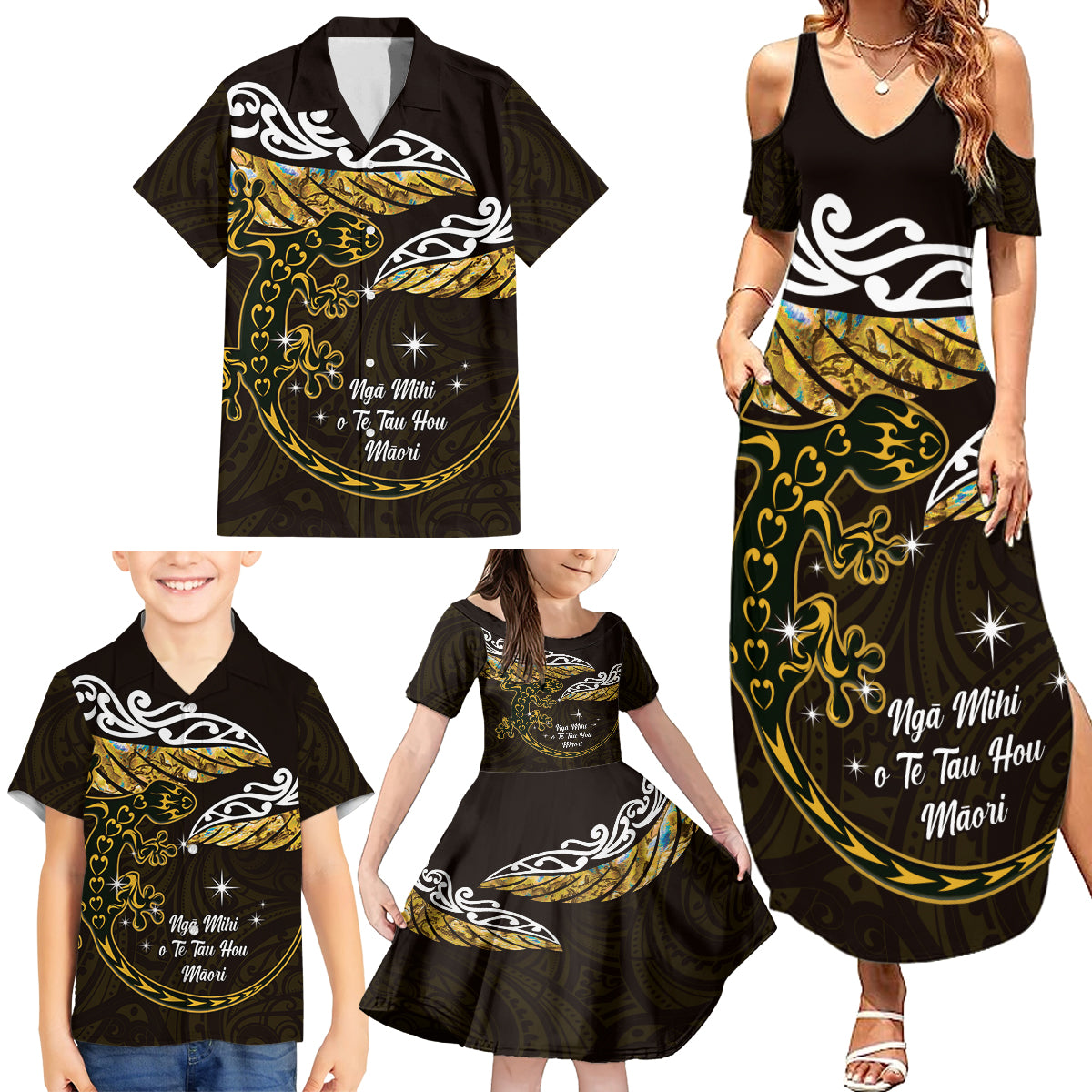New Zealand Matariki Family Matching Summer Maxi Dress and Hawaiian Shirt Maori New Year Silver Fern And Lizard - Gold LT14 - Polynesian Pride