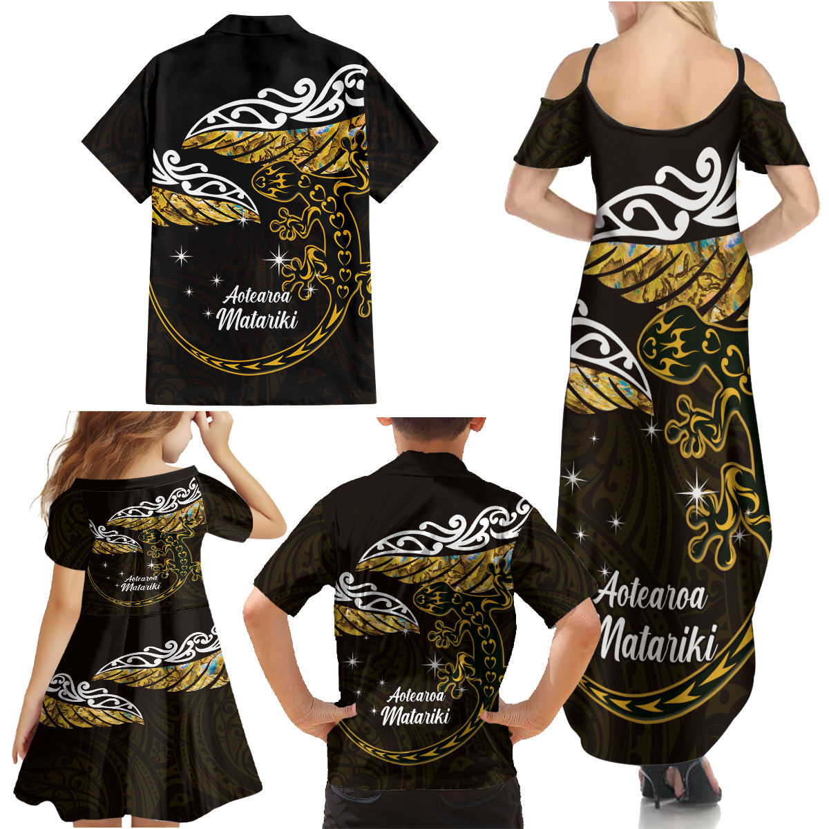 New Zealand Matariki Family Matching Summer Maxi Dress and Hawaiian Shirt Maori New Year Silver Fern And Lizard - Gold LT14 - Polynesian Pride