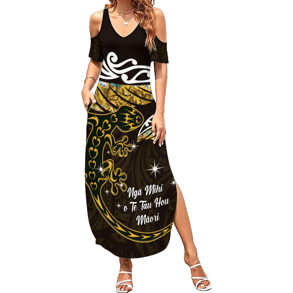 New Zealand Matariki Family Matching Summer Maxi Dress and Hawaiian Shirt Maori New Year Silver Fern And Lizard - Gold LT14 Mom's Dress Gold - Polynesian Pride