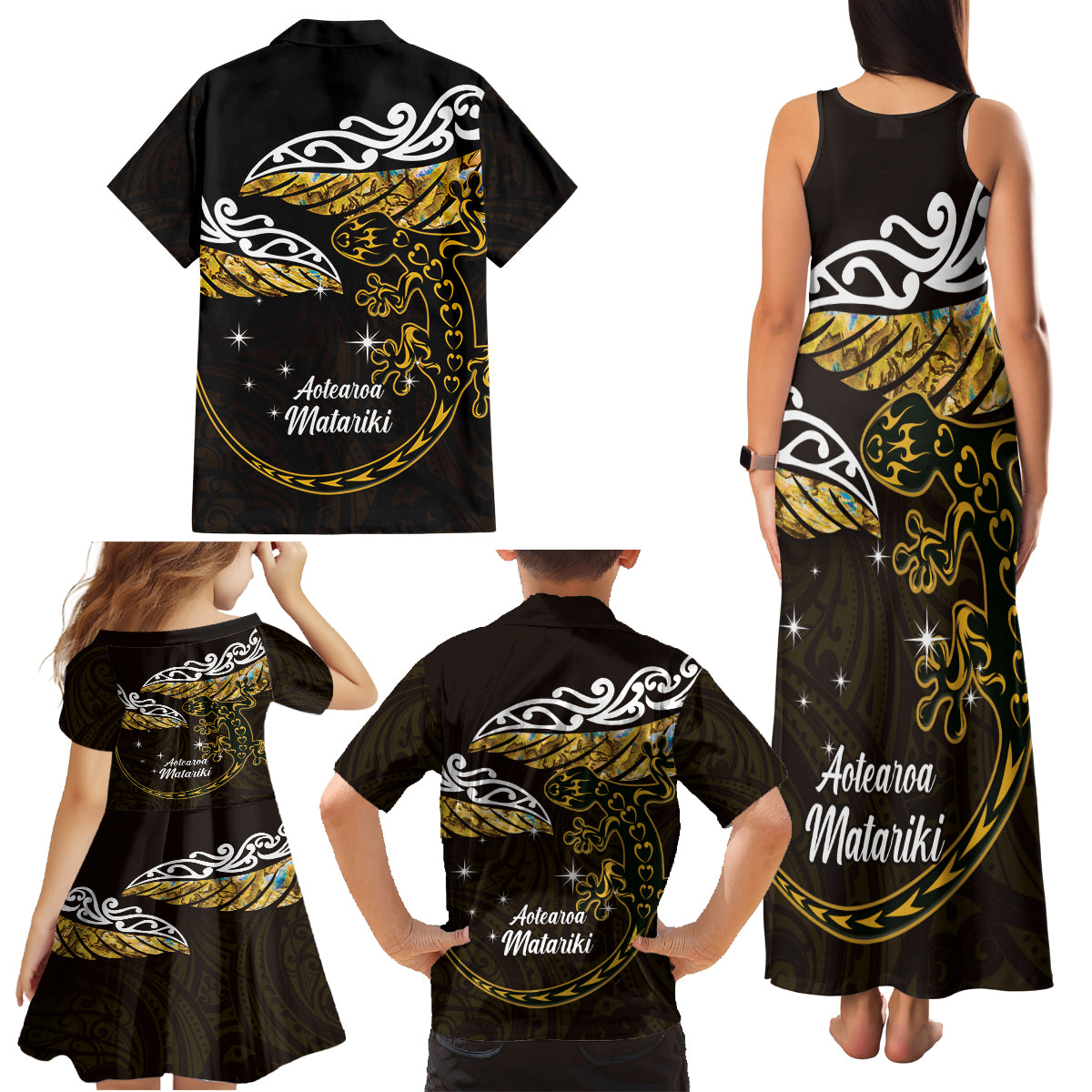 New Zealand Matariki Family Matching Tank Maxi Dress and Hawaiian Shirt Maori New Year Silver Fern And Lizard - Gold LT14 - Polynesian Pride
