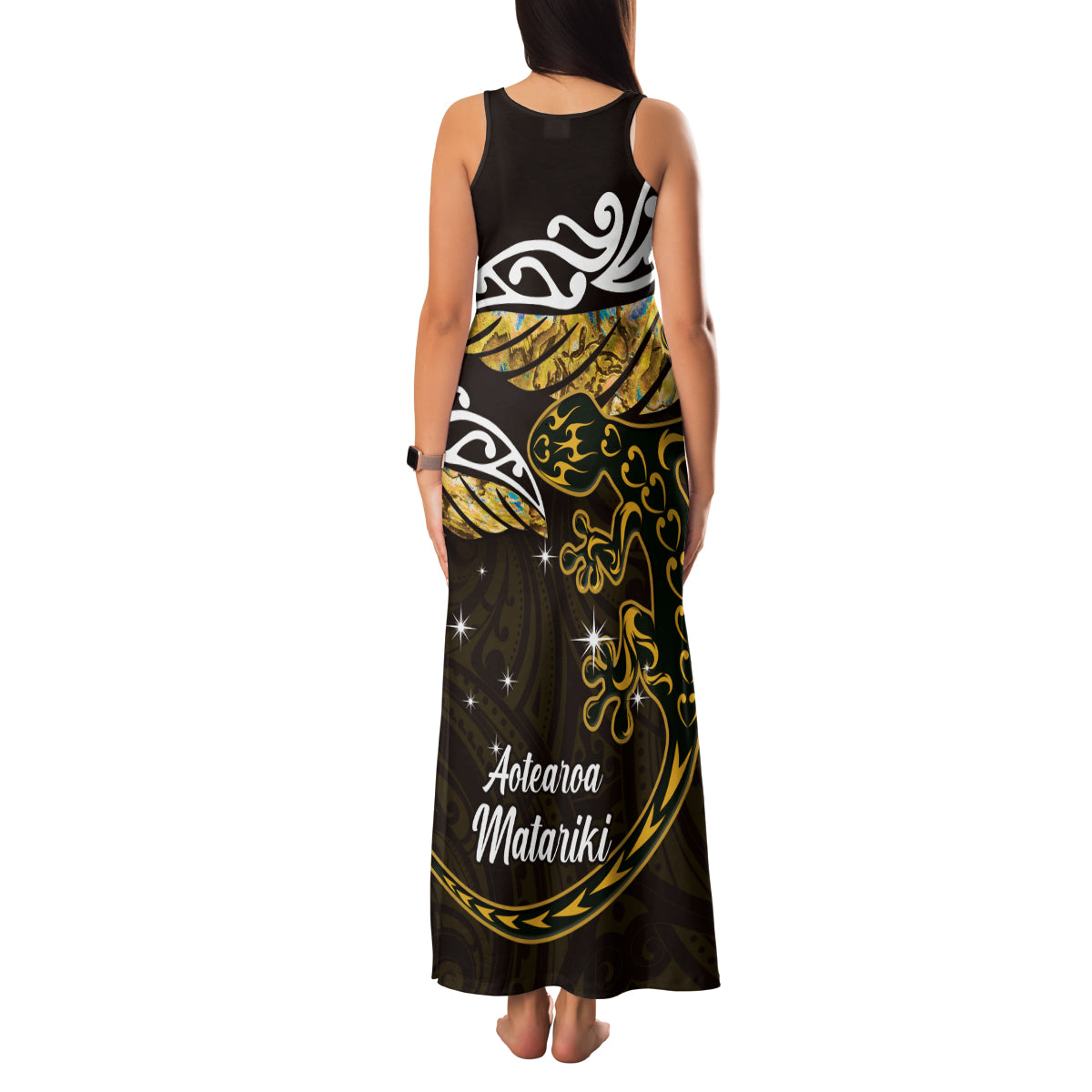 New Zealand Matariki Family Matching Tank Maxi Dress and Hawaiian Shirt Maori New Year Silver Fern And Lizard - Gold LT14 - Polynesian Pride