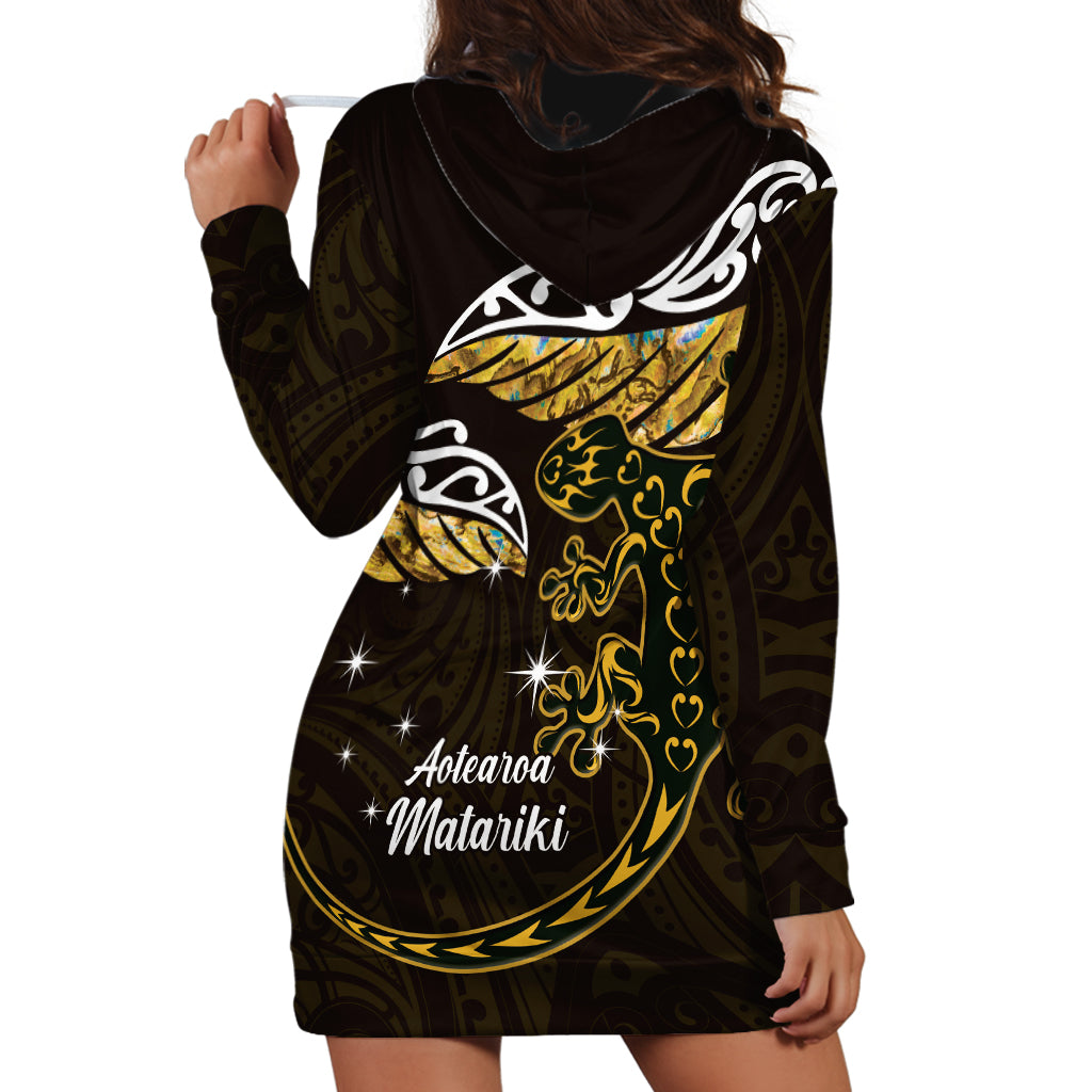 New Zealand Matariki Hoodie Dress Maori New Year Silver Fern And Lizard - Gold LT14 - Polynesian Pride