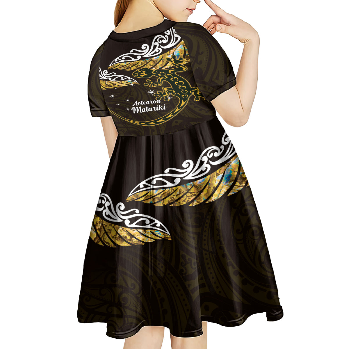 New Zealand Matariki Kid Short Sleeve Dress Maori New Year Silver Fern And Lizard - Gold LT14 - Polynesian Pride