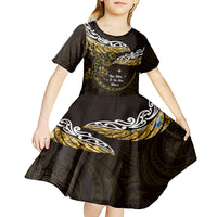 New Zealand Matariki Kid Short Sleeve Dress Maori New Year Silver Fern And Lizard - Gold LT14 - Polynesian Pride