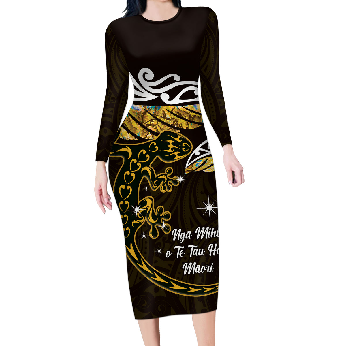 New Zealand Matariki Long Sleeve Bodycon Dress Maori New Year Silver Fern And Lizard - Gold LT14 Long Dress Gold - Polynesian Pride