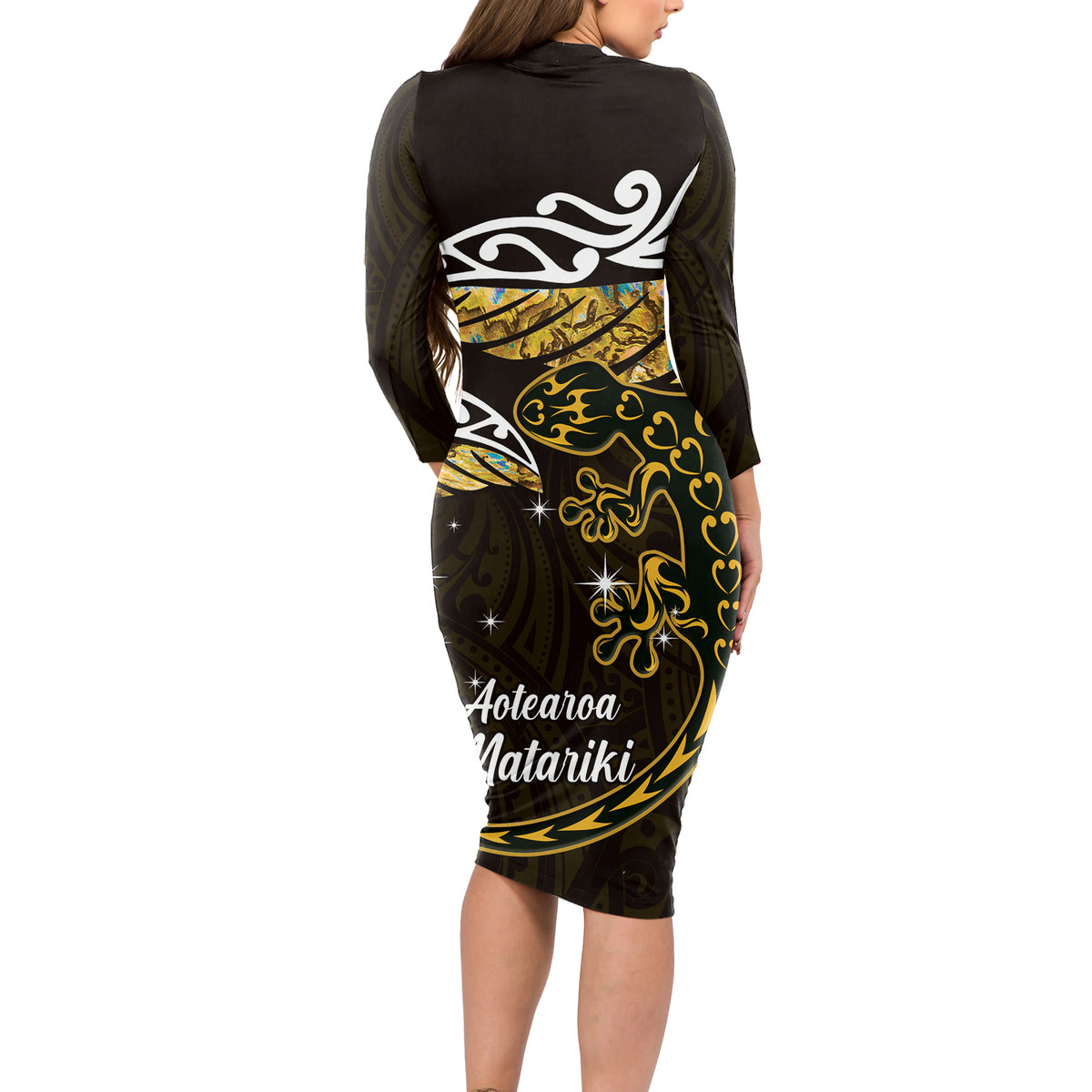 New Zealand Matariki Long Sleeve Bodycon Dress Maori New Year Silver Fern And Lizard - Gold LT14 - Polynesian Pride