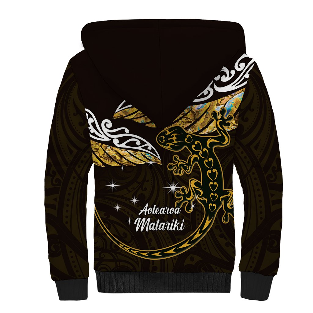 New Zealand Matariki Sherpa Hoodie Maori New Year Silver Fern And Lizard - Gold LT14 - Polynesian Pride