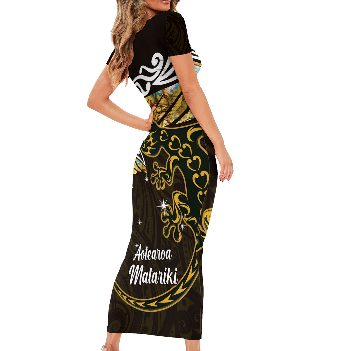 New Zealand Matariki Short Sleeve Bodycon Dress Maori New Year Silver Fern And Lizard - Gold LT14 - Polynesian Pride