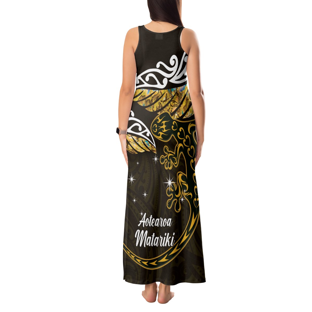 New Zealand Matariki Tank Maxi Dress Maori New Year Silver Fern And Lizard - Gold LT14 - Polynesian Pride
