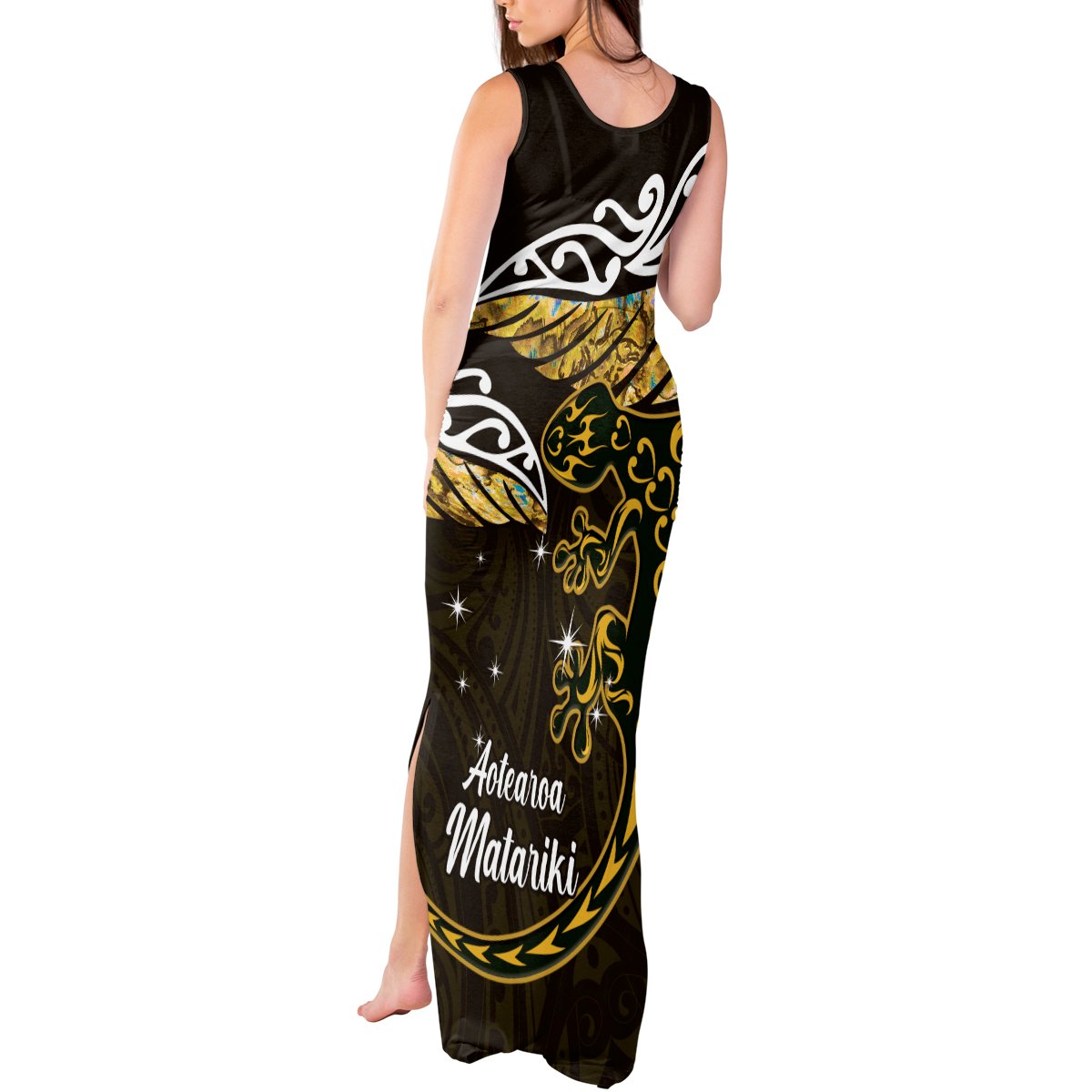 New Zealand Matariki Tank Maxi Dress Maori New Year Silver Fern And Lizard - Gold LT14 - Polynesian Pride