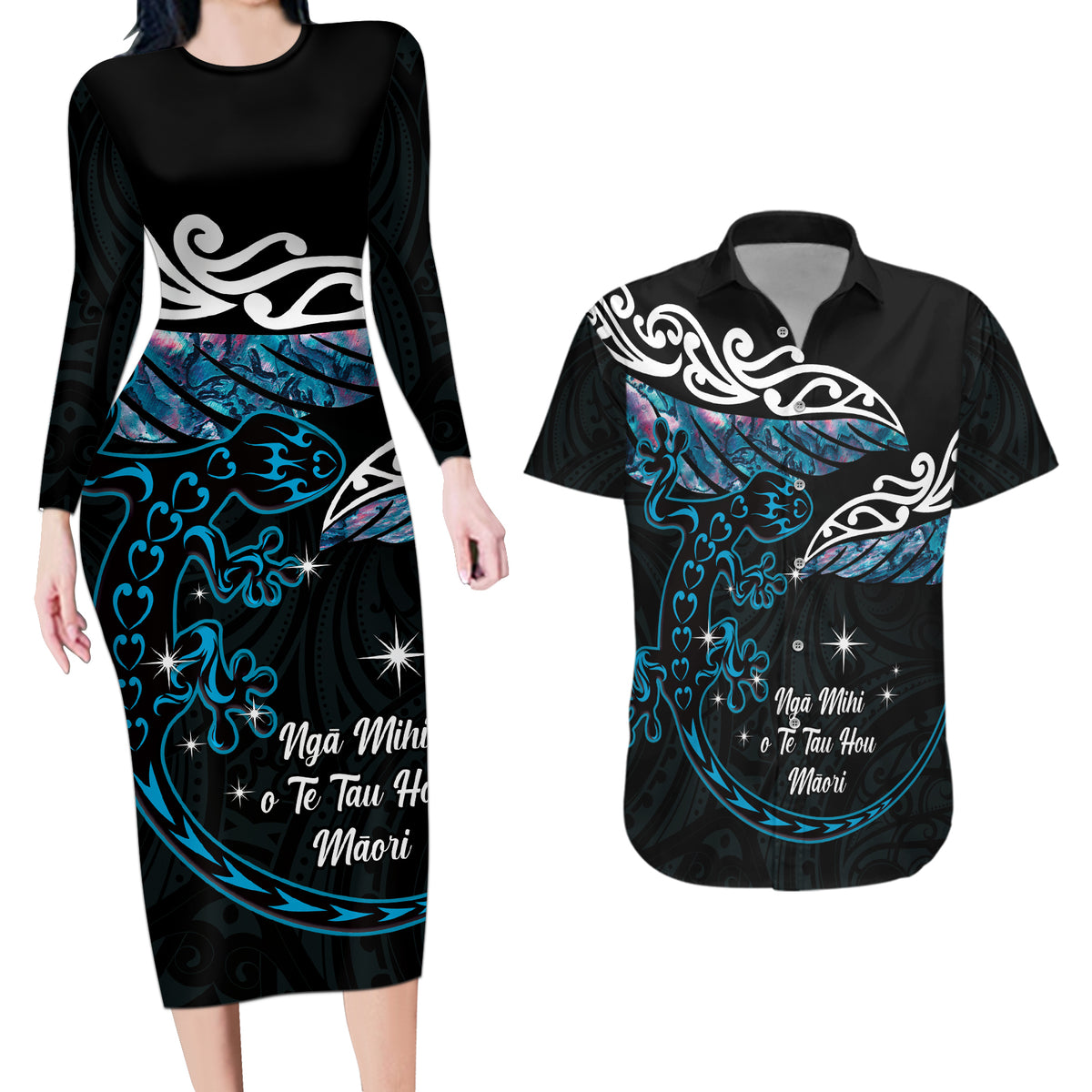 New Zealand Matariki Couples Matching Long Sleeve Bodycon Dress and Hawaiian Shirt Maori New Year Silver Fern And Lizard - Turquosie LT14 Turquoise - Polynesian Pride