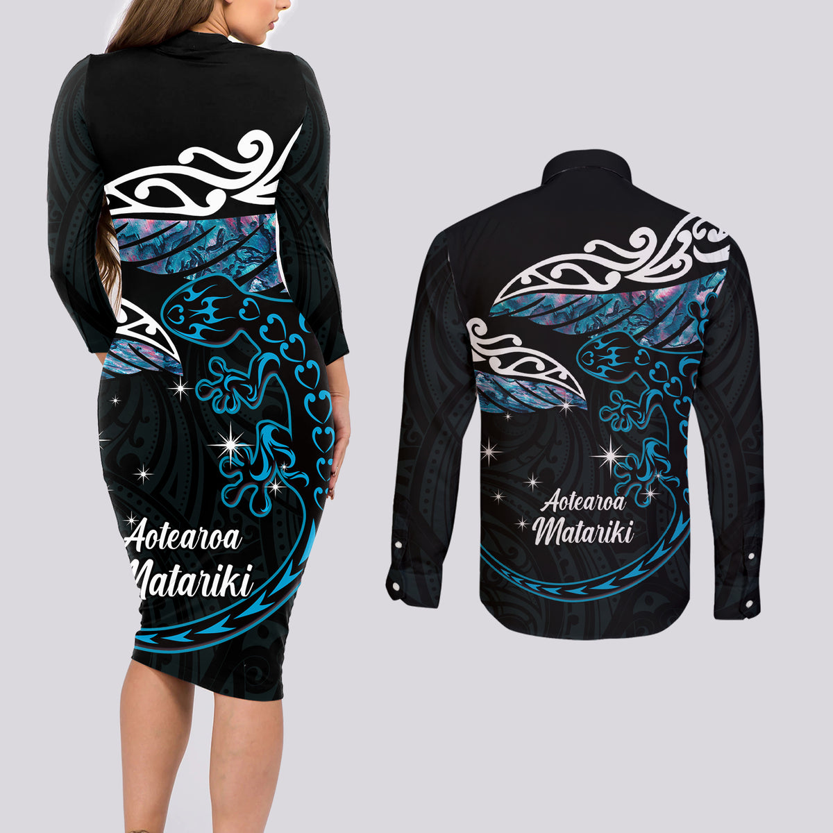 New Zealand Matariki Couples Matching Long Sleeve Bodycon Dress and Long Sleeve Button Shirt Maori New Year Silver Fern And Lizard - Turquosie LT14 - Polynesian Pride