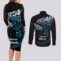 New Zealand Matariki Couples Matching Long Sleeve Bodycon Dress and Long Sleeve Button Shirt Maori New Year Silver Fern And Lizard - Turquosie LT14 - Polynesian Pride