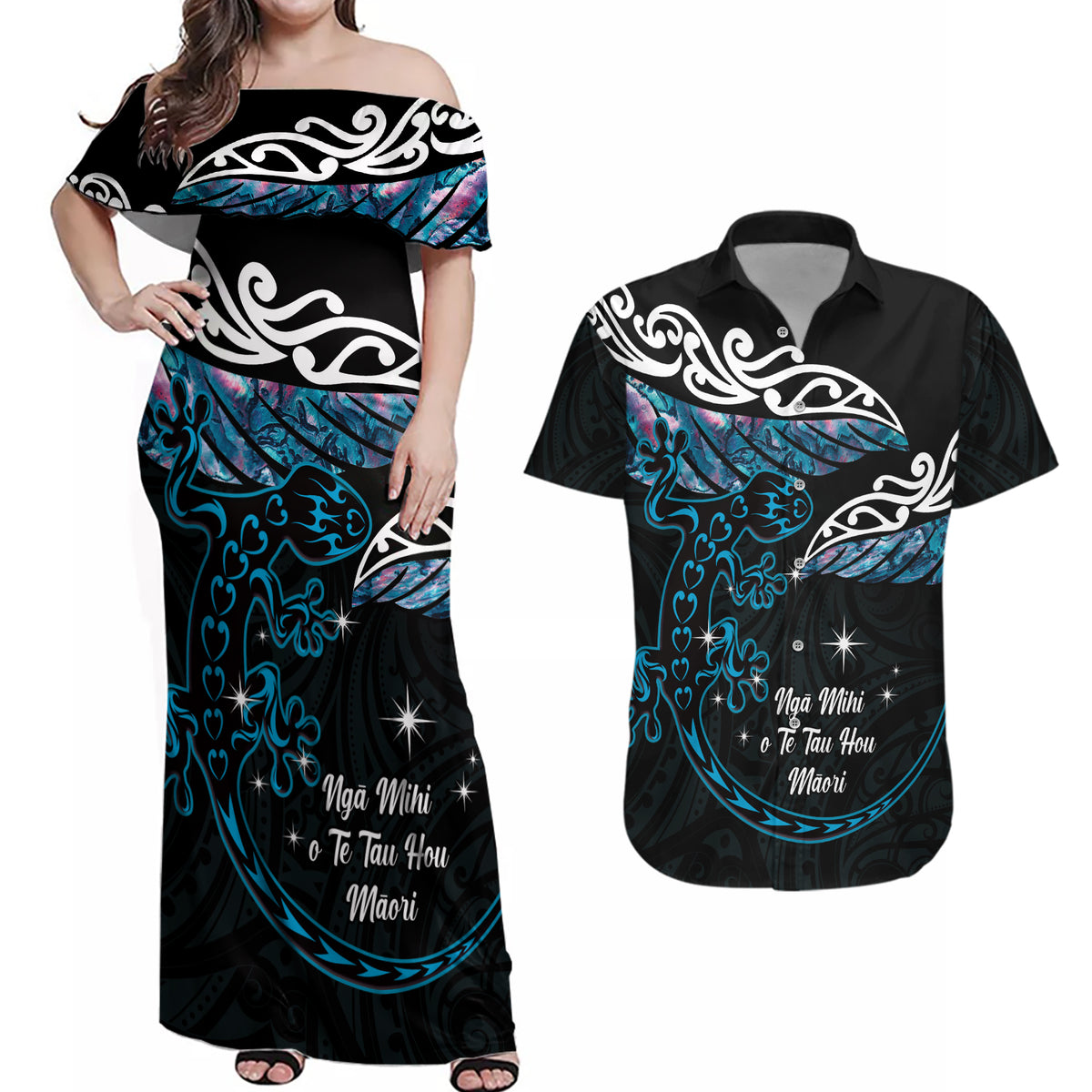 New Zealand Matariki Couples Matching Off Shoulder Maxi Dress and Hawaiian Shirt Maori New Year Silver Fern And Lizard - Turquosie LT14 Turquoise - Polynesian Pride
