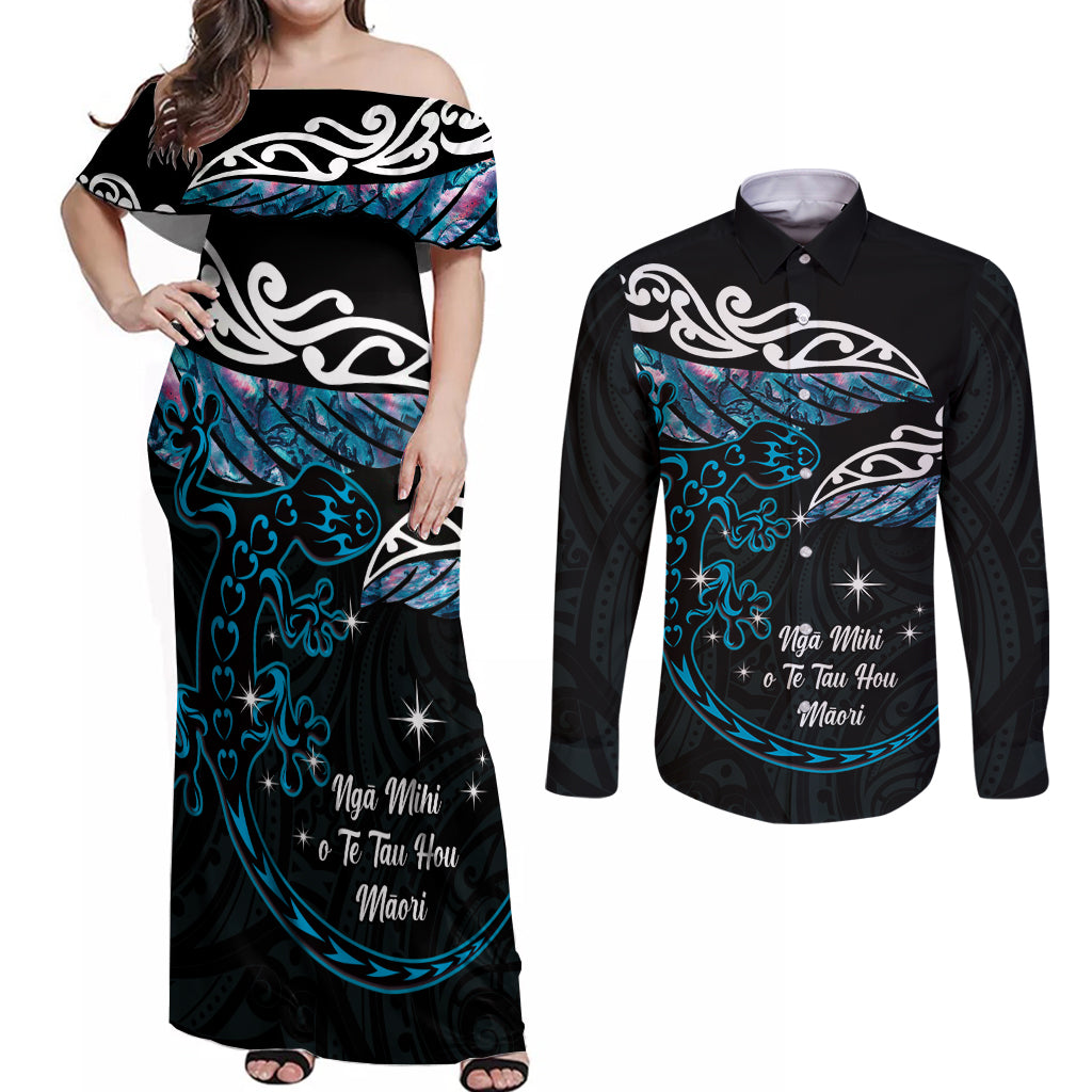 New Zealand Matariki Couples Matching Off Shoulder Maxi Dress and Long Sleeve Button Shirt Maori New Year Silver Fern And Lizard - Turquosie LT14 Turquoise - Polynesian Pride