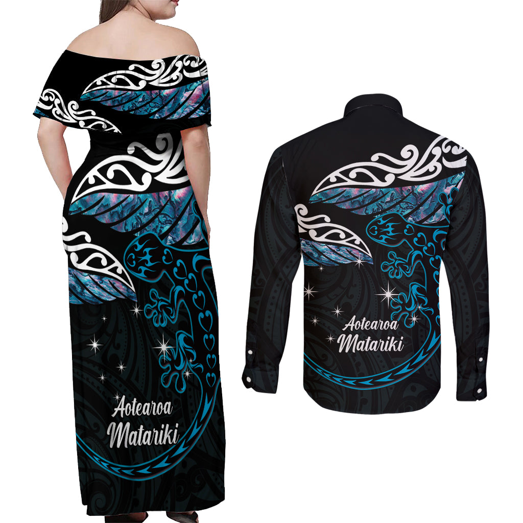 New Zealand Matariki Couples Matching Off Shoulder Maxi Dress and Long Sleeve Button Shirt Maori New Year Silver Fern And Lizard - Turquosie LT14 - Polynesian Pride