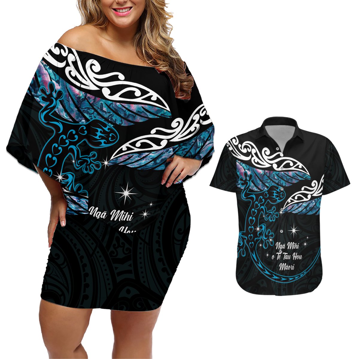 New Zealand Matariki Couples Matching Off Shoulder Short Dress and Hawaiian Shirt Maori New Year Silver Fern And Lizard - Turquosie LT14 Turquoise - Polynesian Pride