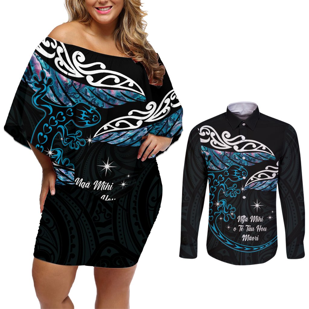 New Zealand Matariki Couples Matching Off Shoulder Short Dress and Long Sleeve Button Shirt Maori New Year Silver Fern And Lizard - Turquosie LT14 Turquoise - Polynesian Pride
