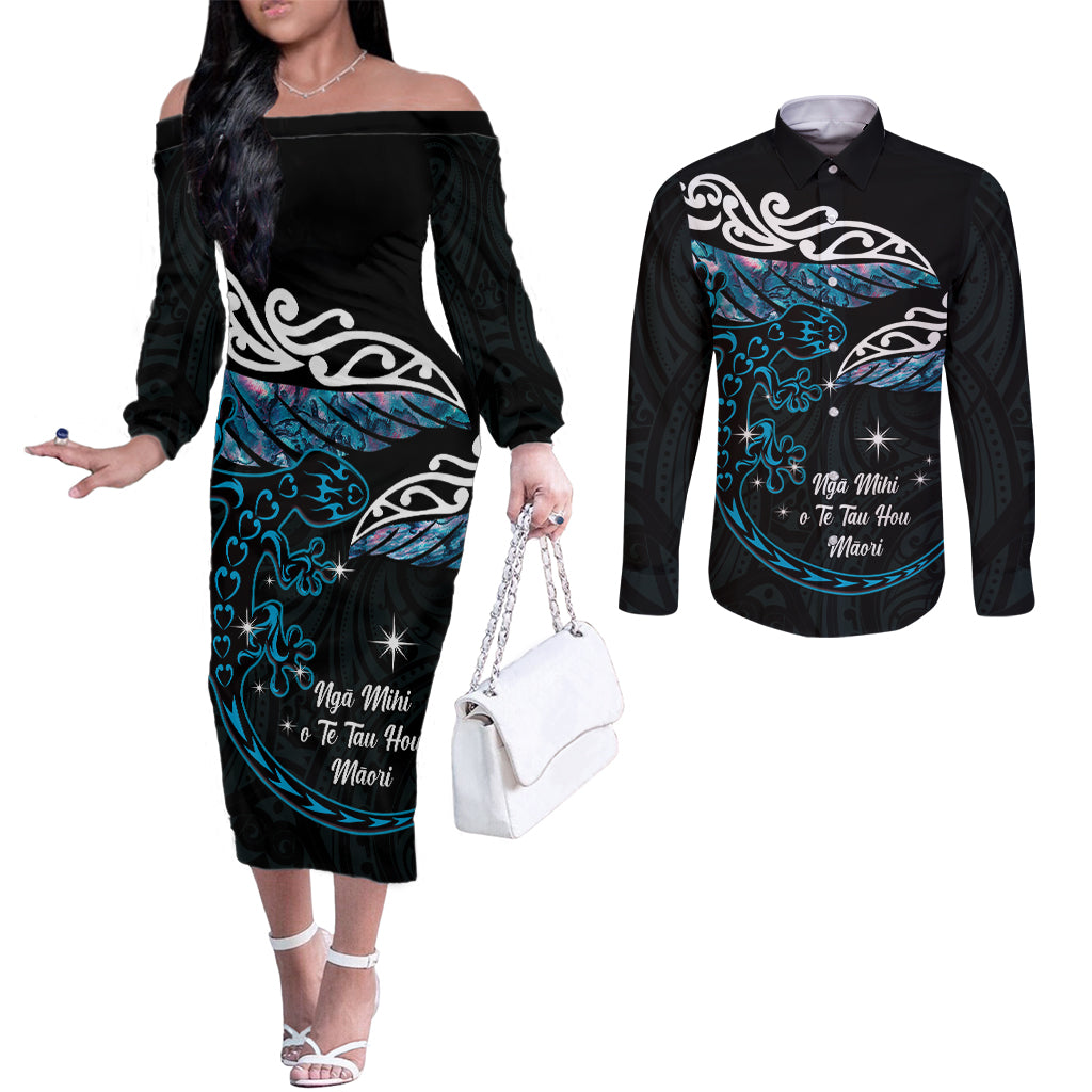 New Zealand Matariki Couples Matching Off The Shoulder Long Sleeve Dress and Long Sleeve Button Shirt Maori New Year Silver Fern And Lizard - Turquosie LT14 Turquoise - Polynesian Pride