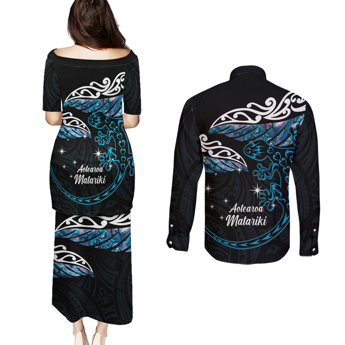 New Zealand Matariki Couples Matching Puletasi and Long Sleeve Button Shirt Maori New Year Silver Fern And Lizard - Turquosie LT14 - Polynesian Pride