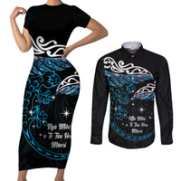New Zealand Matariki Couples Matching Short Sleeve Bodycon Dress and Long Sleeve Button Shirt Maori New Year Silver Fern And Lizard - Turquosie LT14 Turquoise - Polynesian Pride