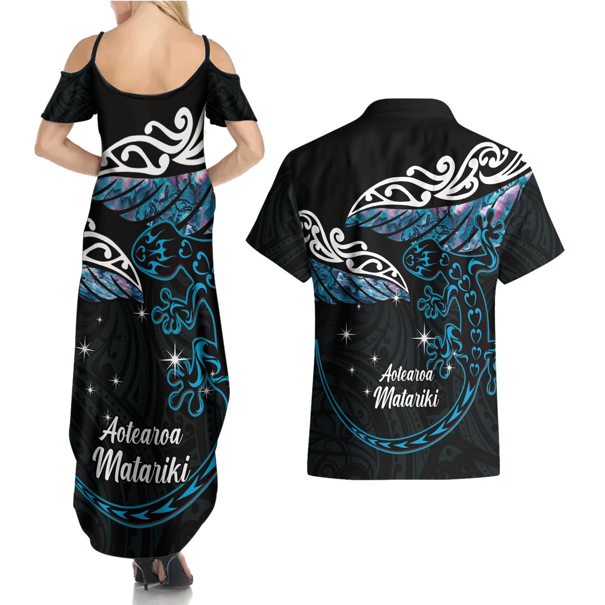New Zealand Matariki Couples Matching Summer Maxi Dress and Hawaiian Shirt Maori New Year Silver Fern And Lizard - Turquosie LT14 - Polynesian Pride