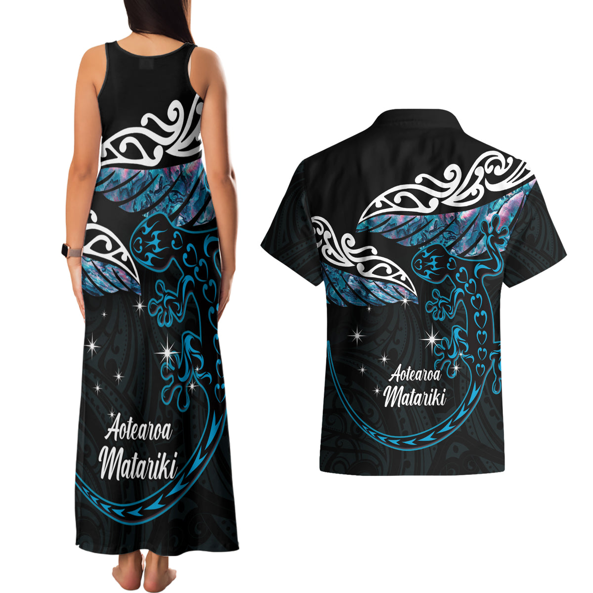 New Zealand Matariki Couples Matching Tank Maxi Dress and Hawaiian Shirt Maori New Year Silver Fern And Lizard - Turquosie LT14 - Polynesian Pride