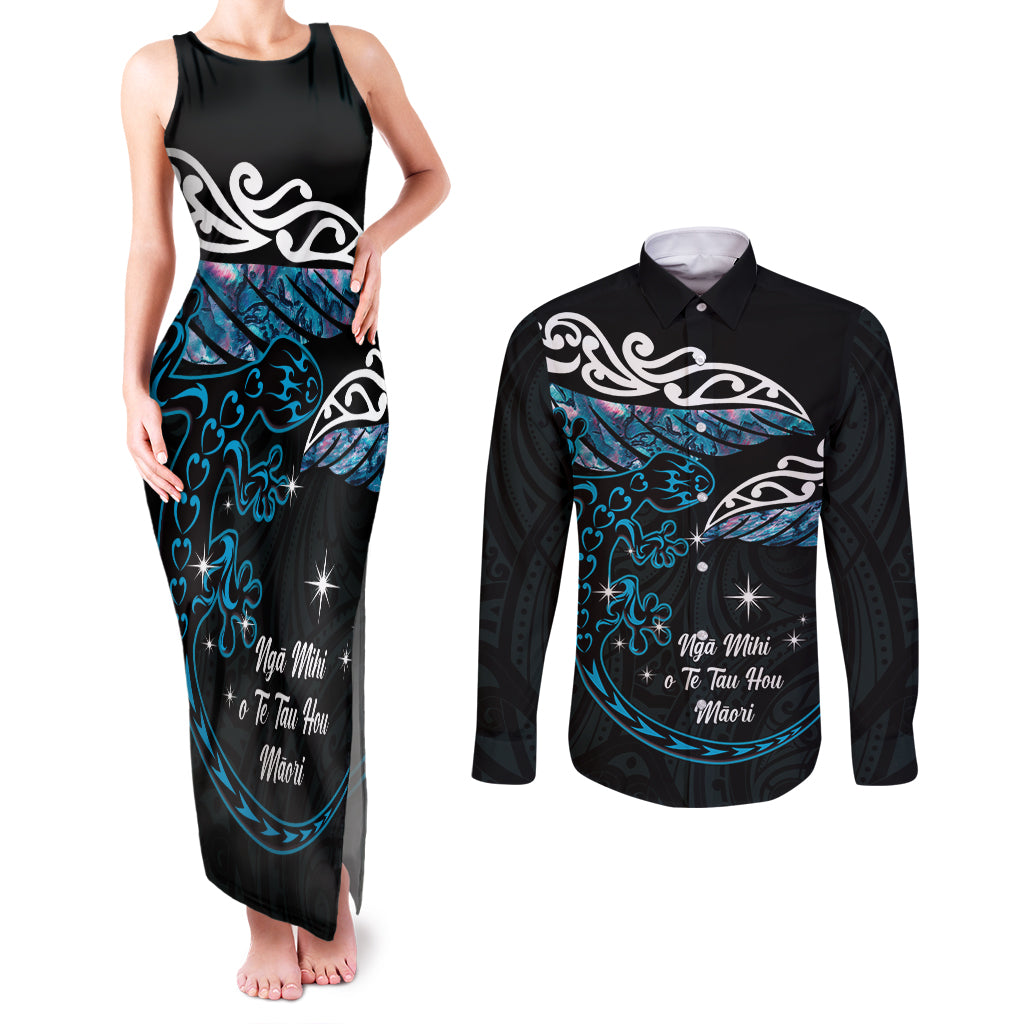 New Zealand Matariki Couples Matching Tank Maxi Dress and Long Sleeve Button Shirt Maori New Year Silver Fern And Lizard - Turquosie LT14 Turquoise - Polynesian Pride