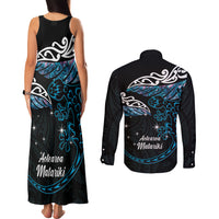 New Zealand Matariki Couples Matching Tank Maxi Dress and Long Sleeve Button Shirt Maori New Year Silver Fern And Lizard - Turquosie LT14 - Polynesian Pride