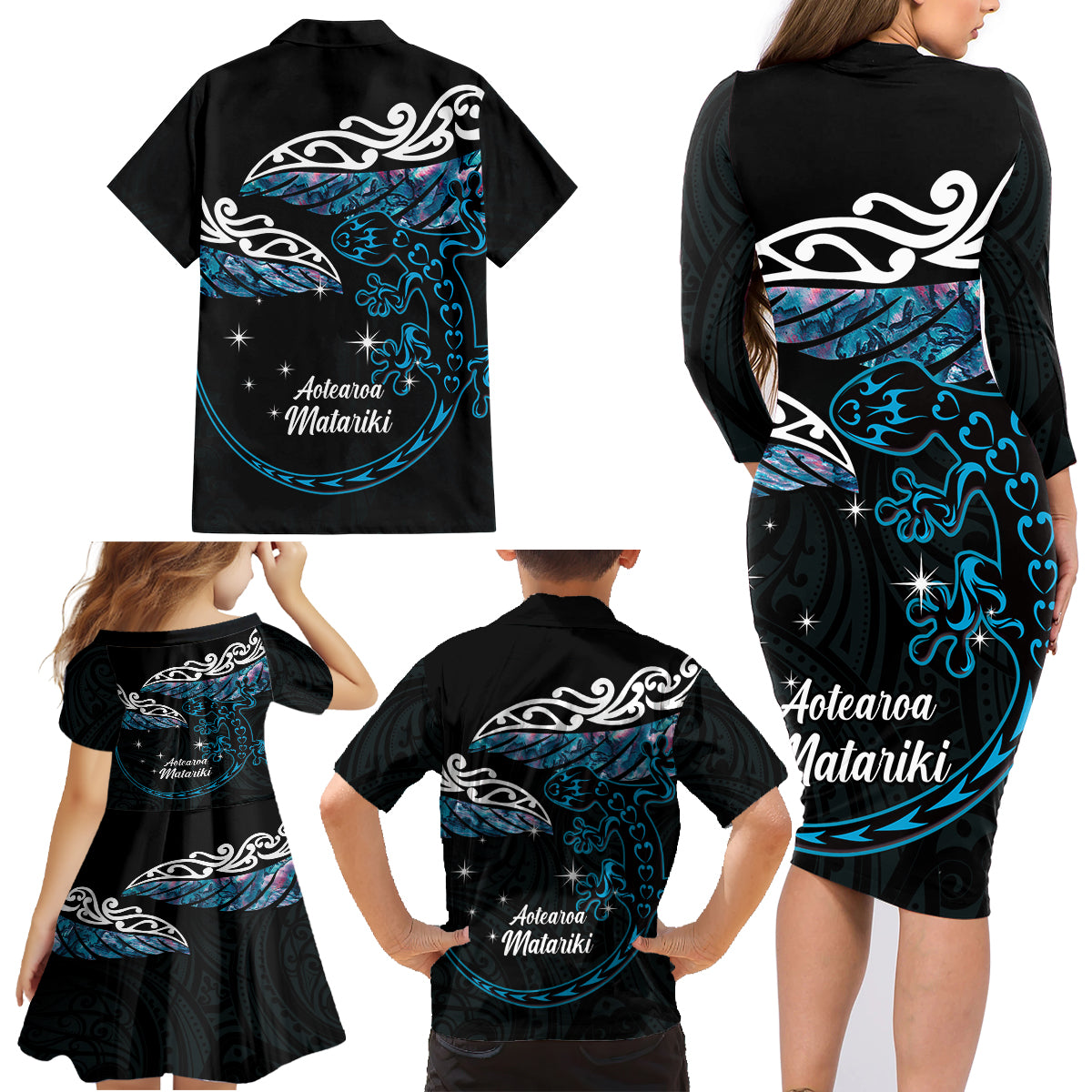 New Zealand Matariki Family Matching Long Sleeve Bodycon Dress and Hawaiian Shirt Maori New Year Silver Fern And Lizard - Turquosie LT14 - Polynesian Pride