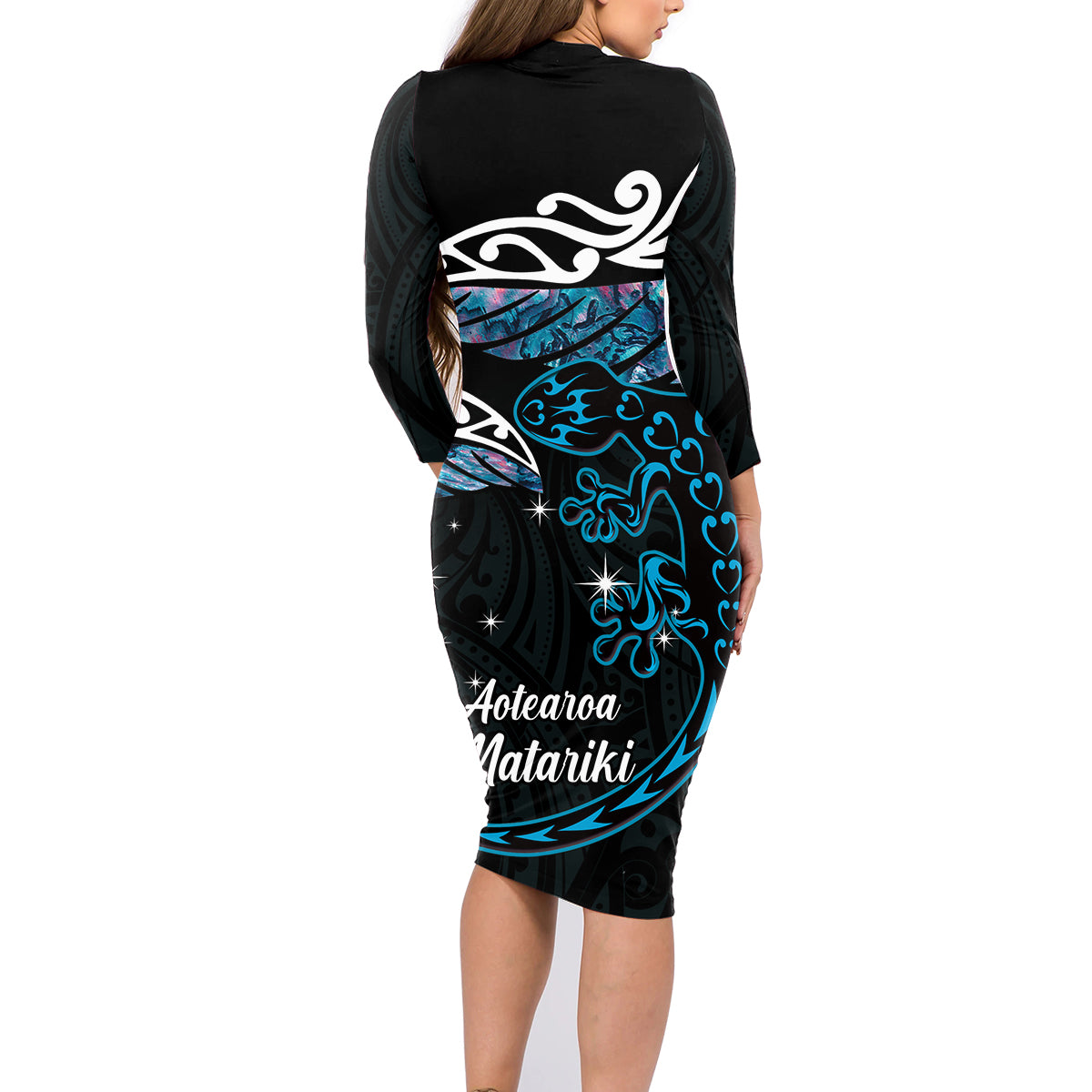 New Zealand Matariki Family Matching Long Sleeve Bodycon Dress and Hawaiian Shirt Maori New Year Silver Fern And Lizard - Turquosie LT14 - Polynesian Pride
