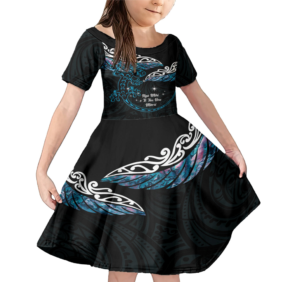 New Zealand Matariki Family Matching Mermaid Dress and Hawaiian Shirt Maori New Year Silver Fern And Lizard - Turquosie LT14 Daughter's Dress Turquoise - Polynesian Pride