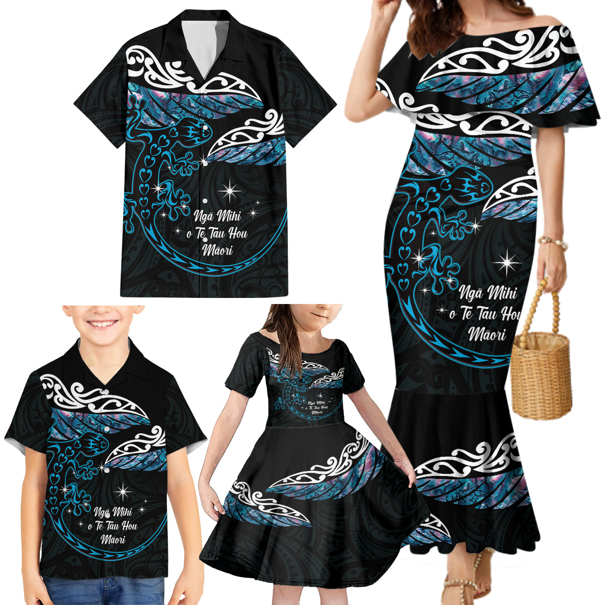 New Zealand Matariki Family Matching Mermaid Dress and Hawaiian Shirt Maori New Year Silver Fern And Lizard - Turquosie LT14 - Polynesian Pride