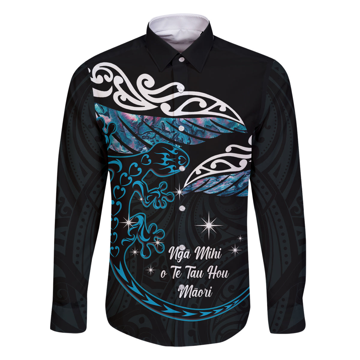 New Zealand Matariki Family Matching Mermaid Dress and Hawaiian Shirt Maori New Year Silver Fern And Lizard - Turquosie LT14 Dad's Shirt - Long Sleeve Turquoise - Polynesian Pride