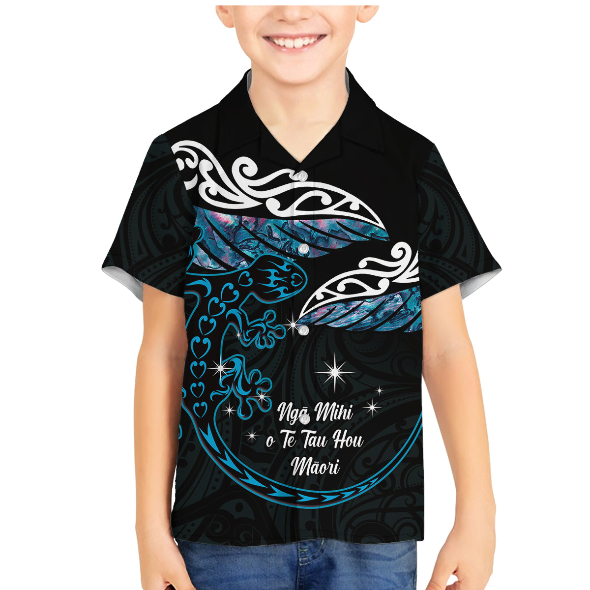 New Zealand Matariki Family Matching Mermaid Dress and Hawaiian Shirt Maori New Year Silver Fern And Lizard - Turquosie LT14 Son's Shirt Turquoise - Polynesian Pride