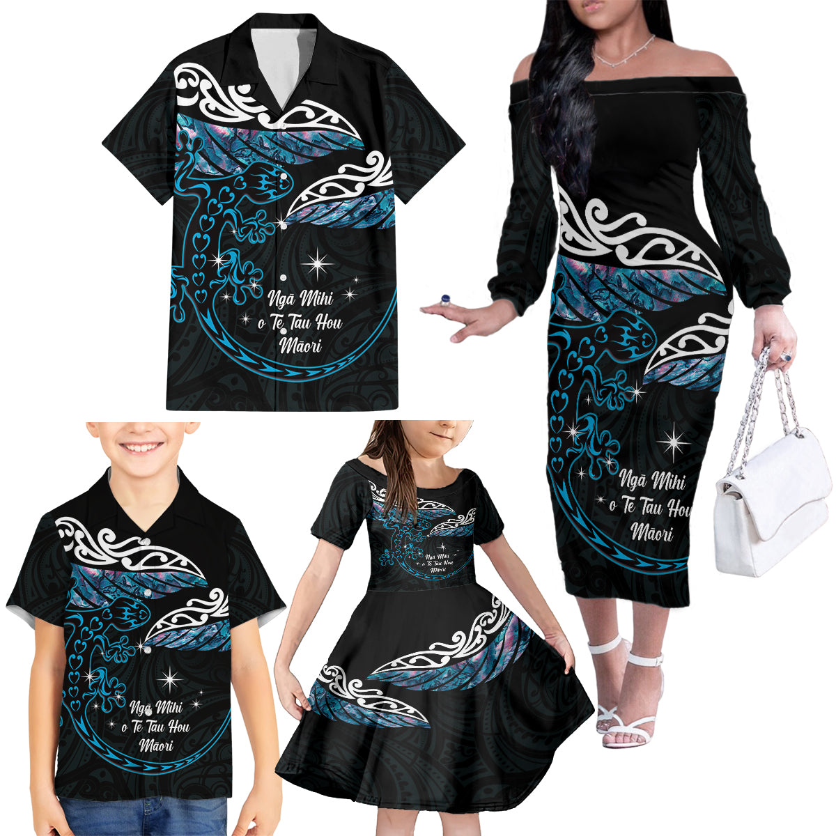 New Zealand Matariki Family Matching Off The Shoulder Long Sleeve Dress and Hawaiian Shirt Maori New Year Silver Fern And Lizard - Turquosie LT14 - Polynesian Pride